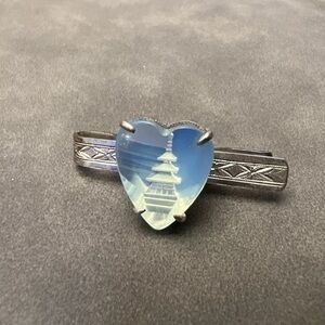 Japan Fine Silver Tie Clip: Pagoda Reverse Carved Opaline Blue Heart Glass